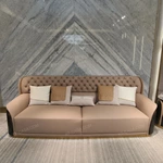 White and Brown Leather Sofa Set with Button Tufting Craftsmanship, Natural Wood Veneer & Gold Stainless Steel Trim